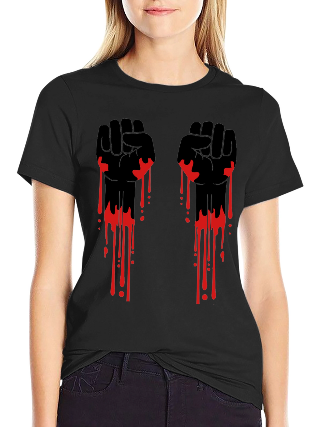 Graphic Black T-Shirt with Red Drip Fist Design