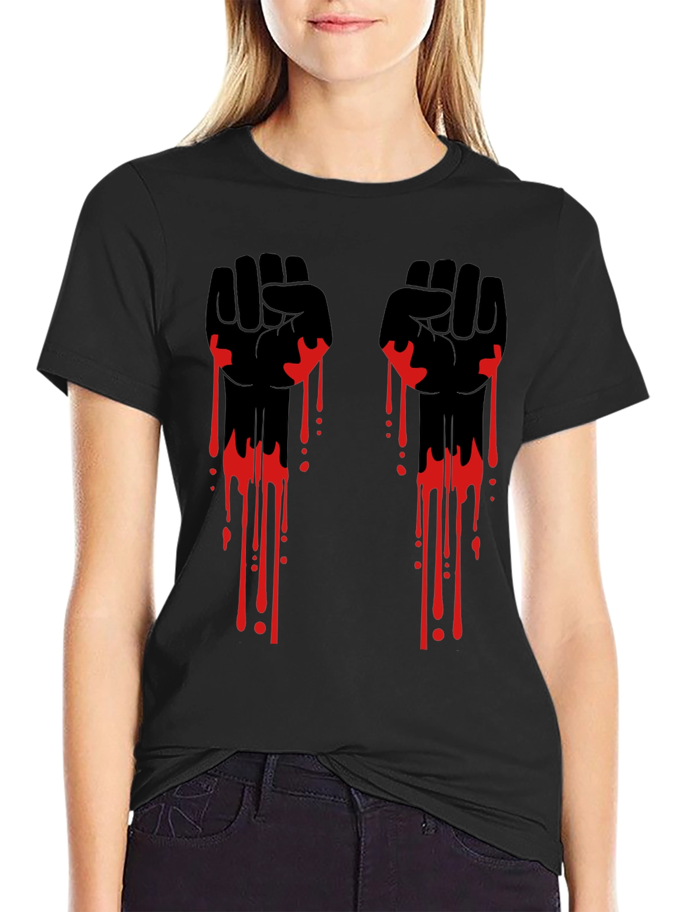 Graphic Black T-Shirt with Red Drip Fist Design