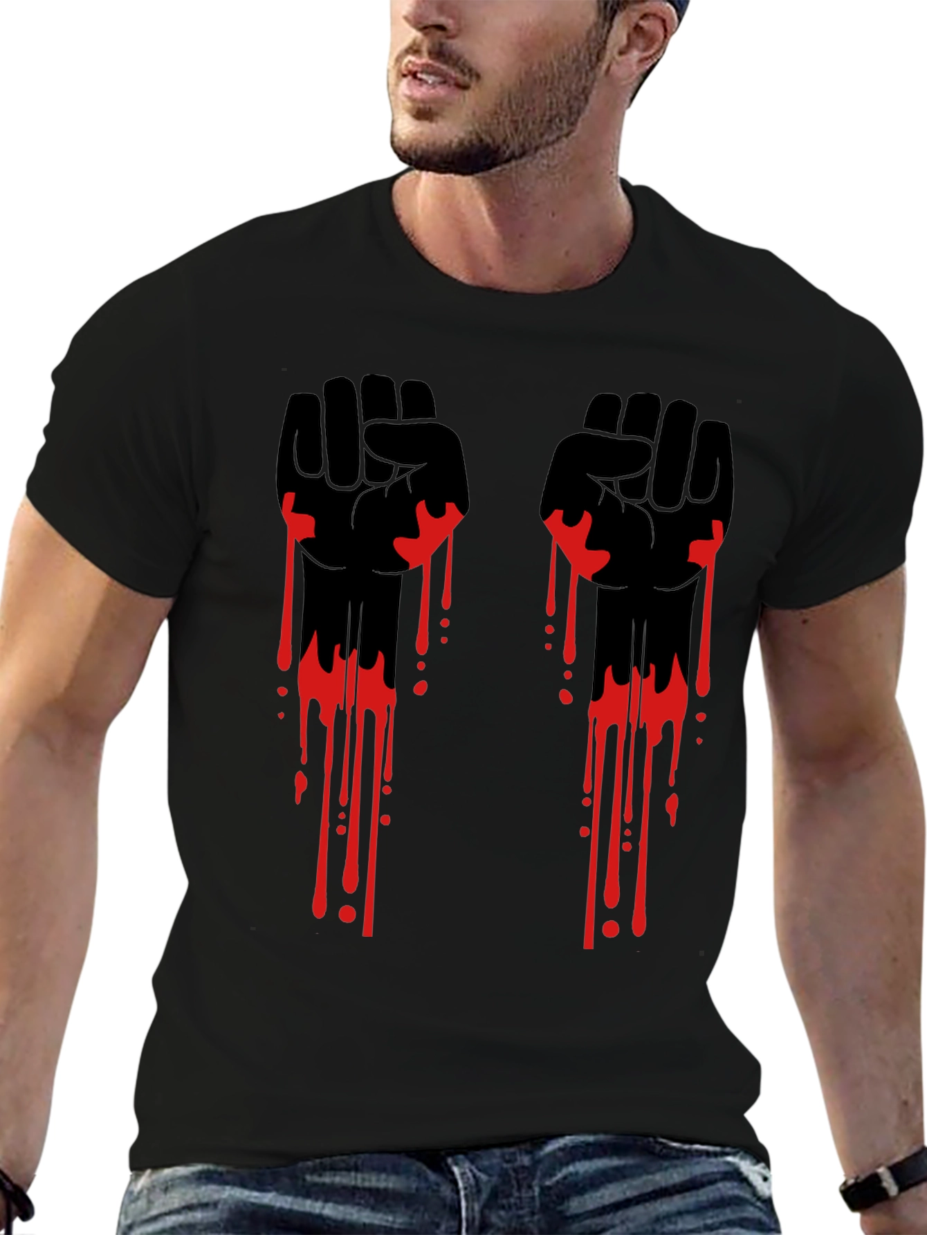 Graphic Black T-Shirt with Red Drip Fist Design