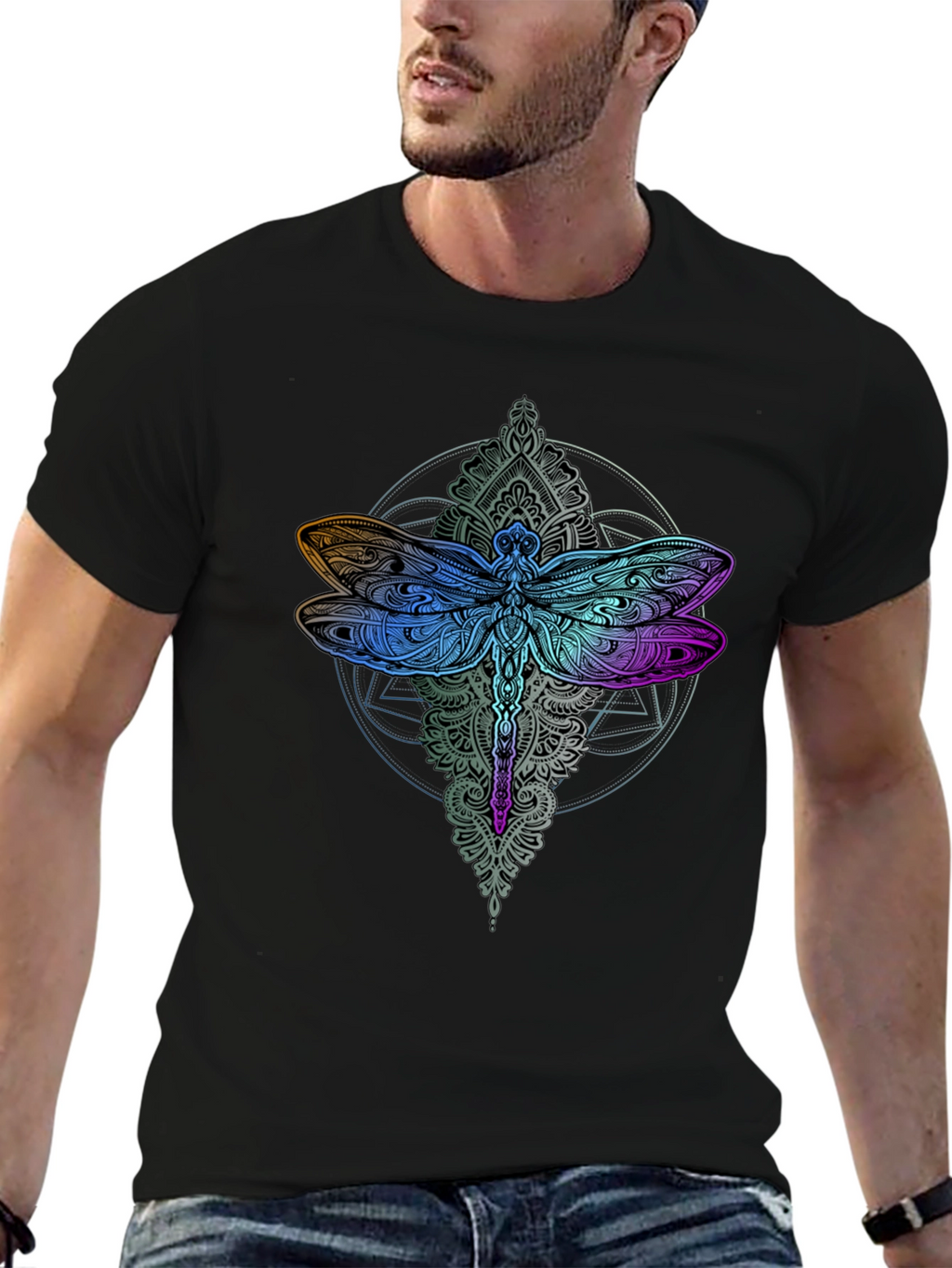 Dragonfly Mandala Graphic Tee - Black Cotton Comfort