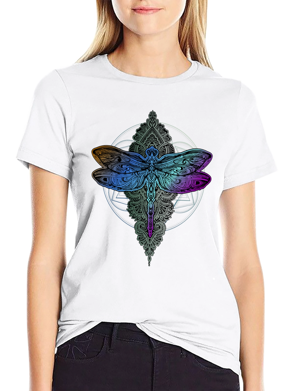 Dragonfly Mandala Graphic Tee - Black Cotton Comfort