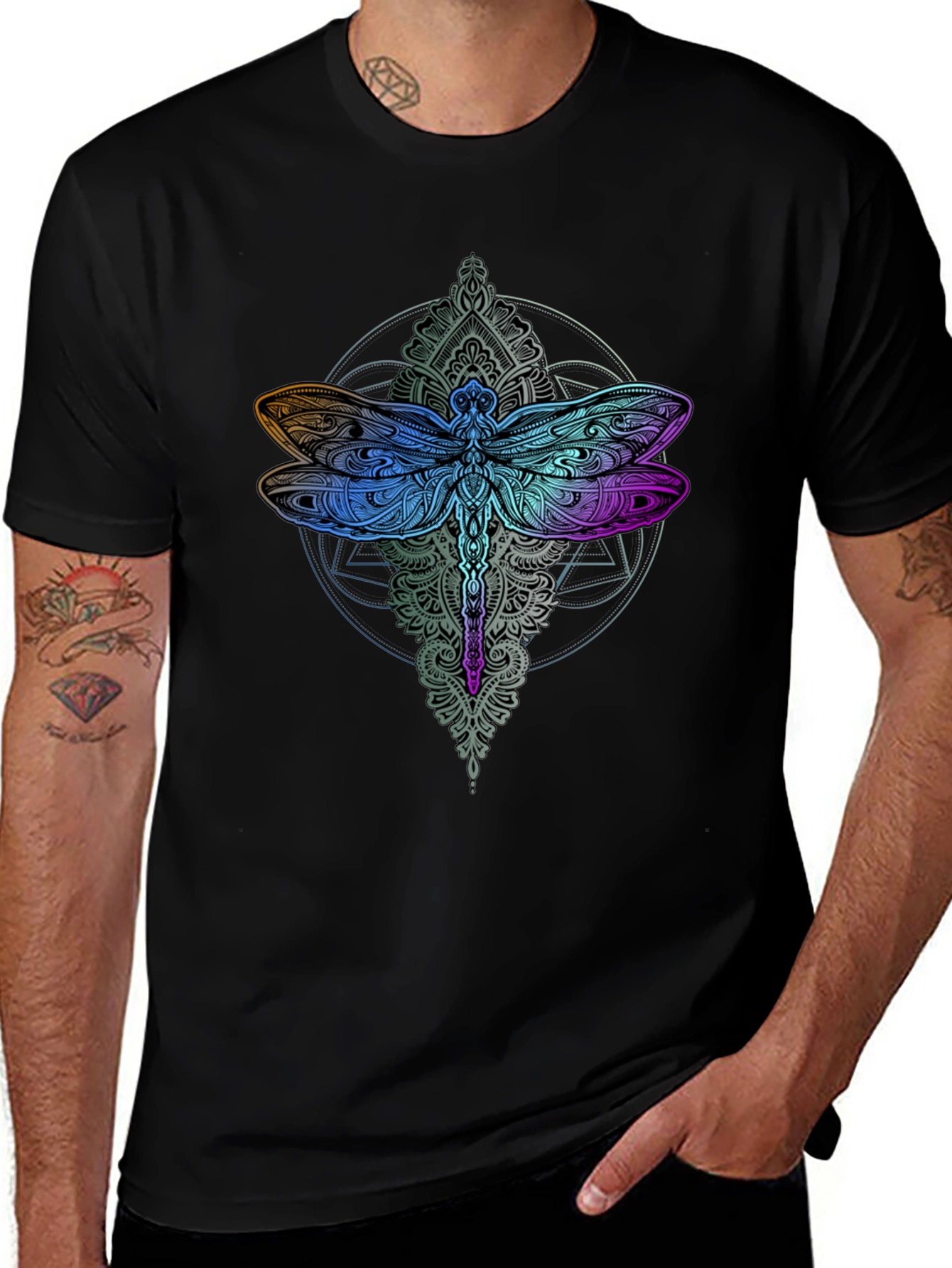 Dragonfly Mandala Graphic Tee - Black Cotton Comfort