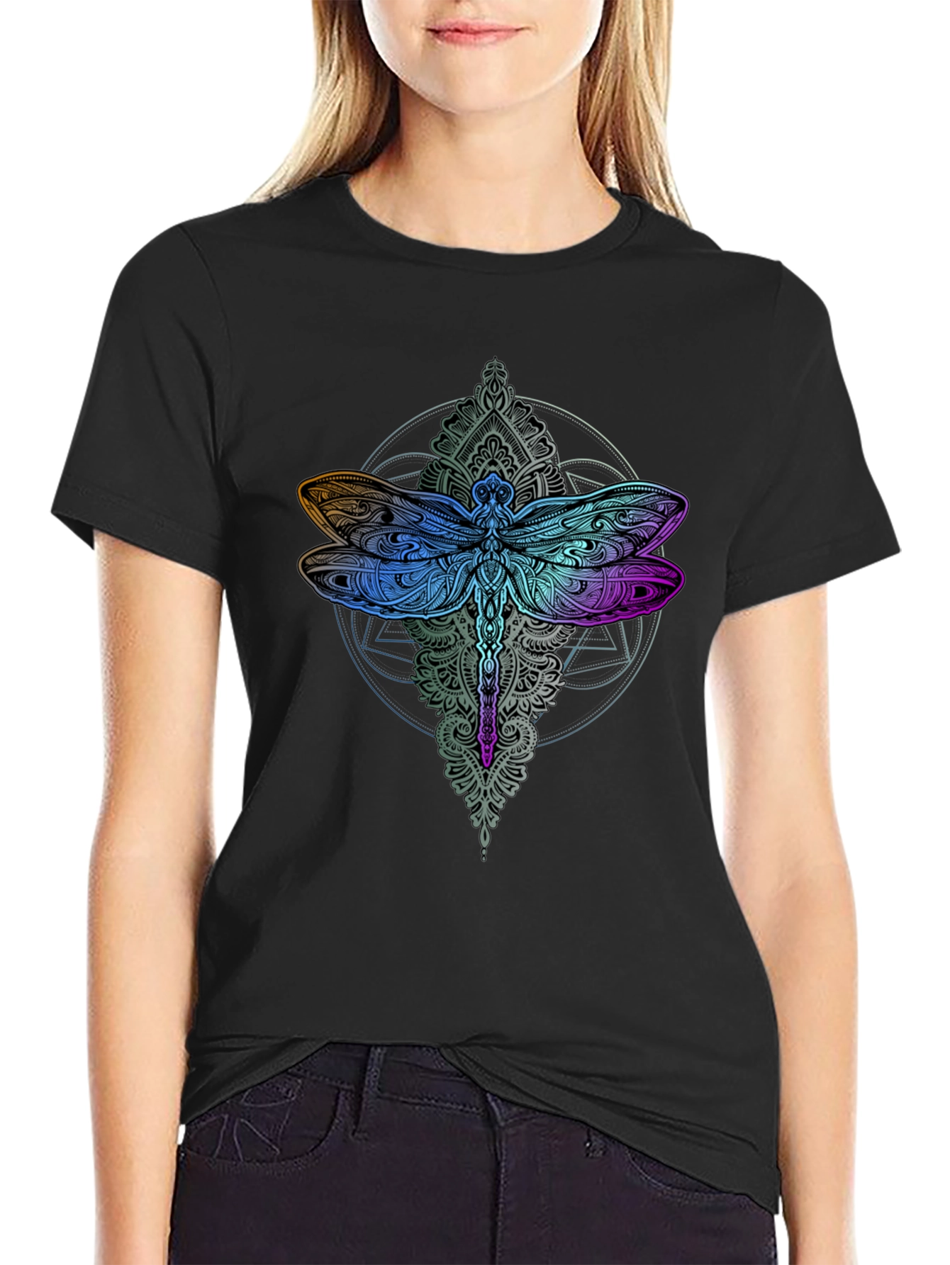 Dragonfly Mandala Graphic Tee - Black Cotton Comfort