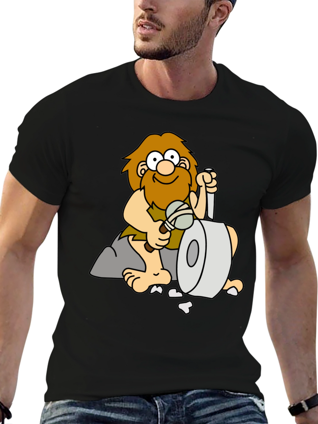 Cartoon Caveman on Black T-Shirt