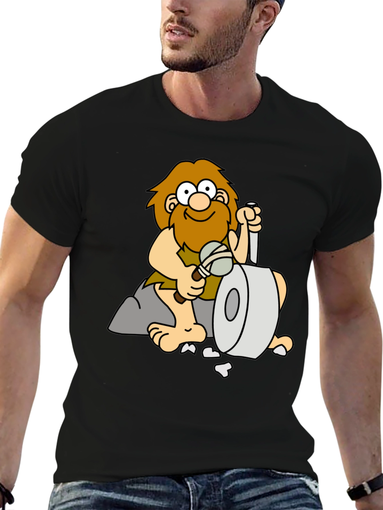 Cartoon Caveman on Black T-Shirt