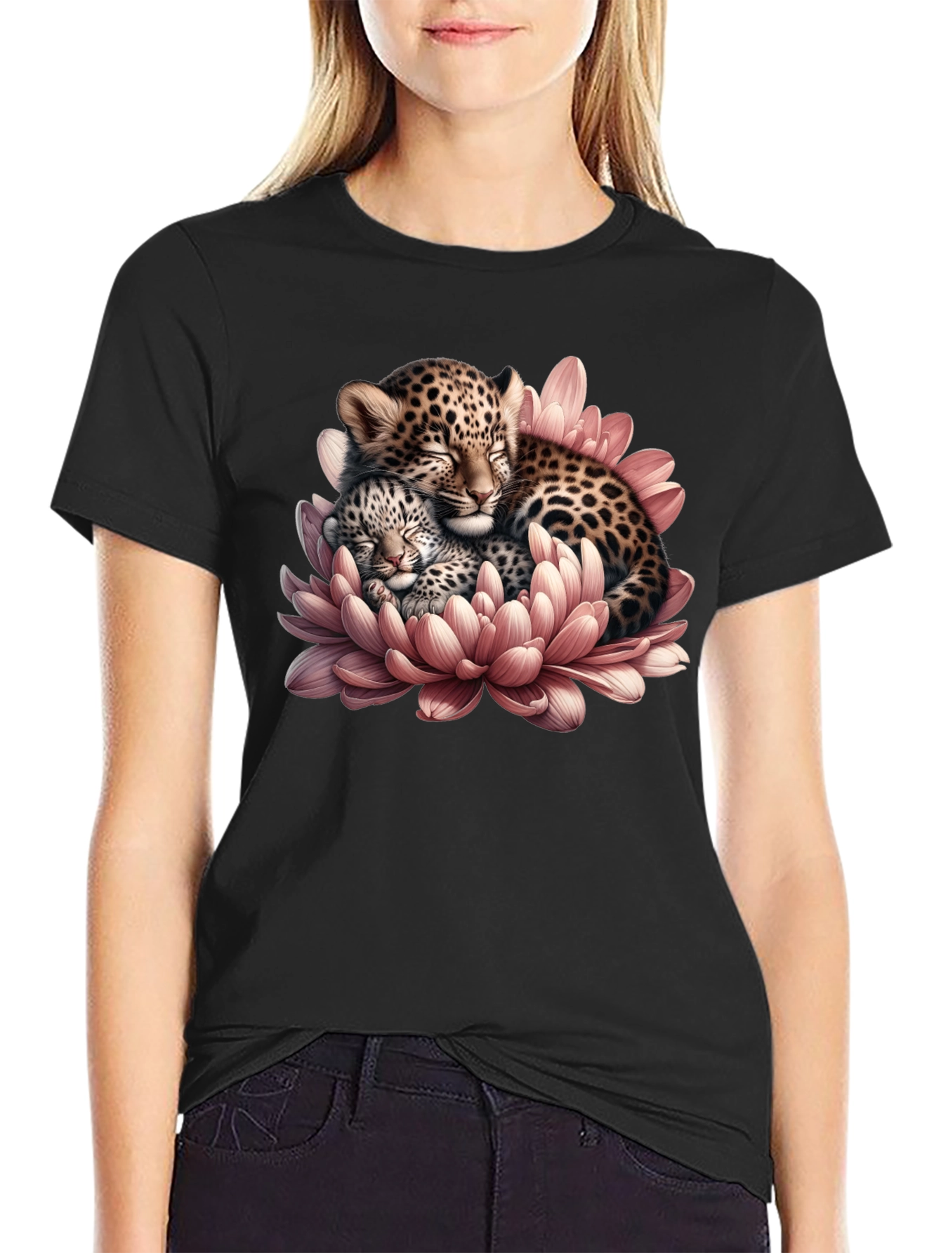 Leopard Cubs in Flower Graphic T-Shirt