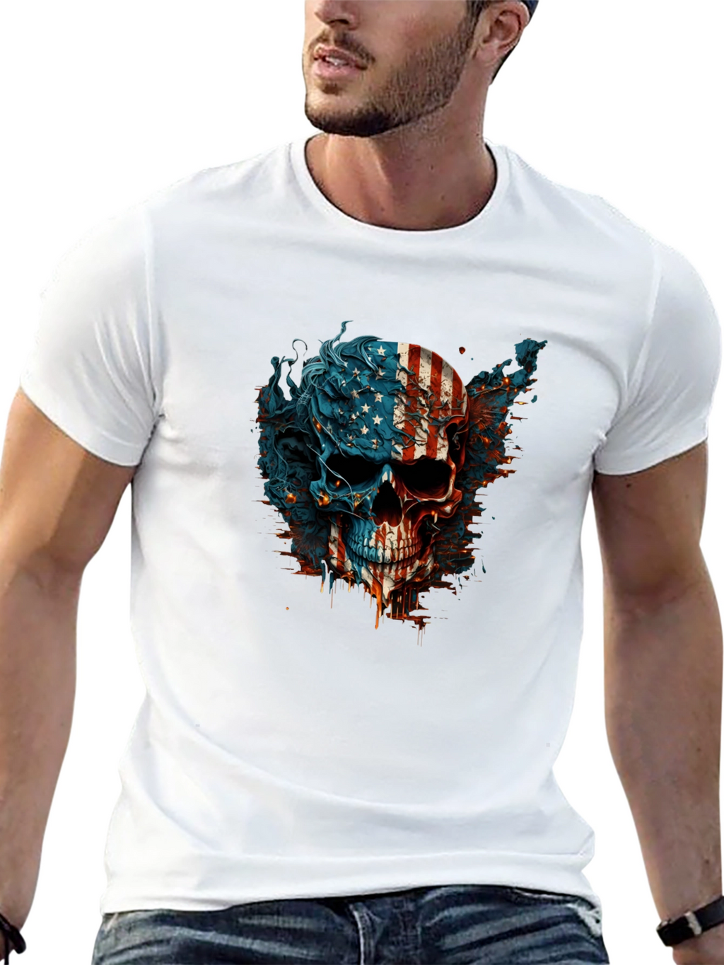 American Flag Skull Graphic Black T-Shirt