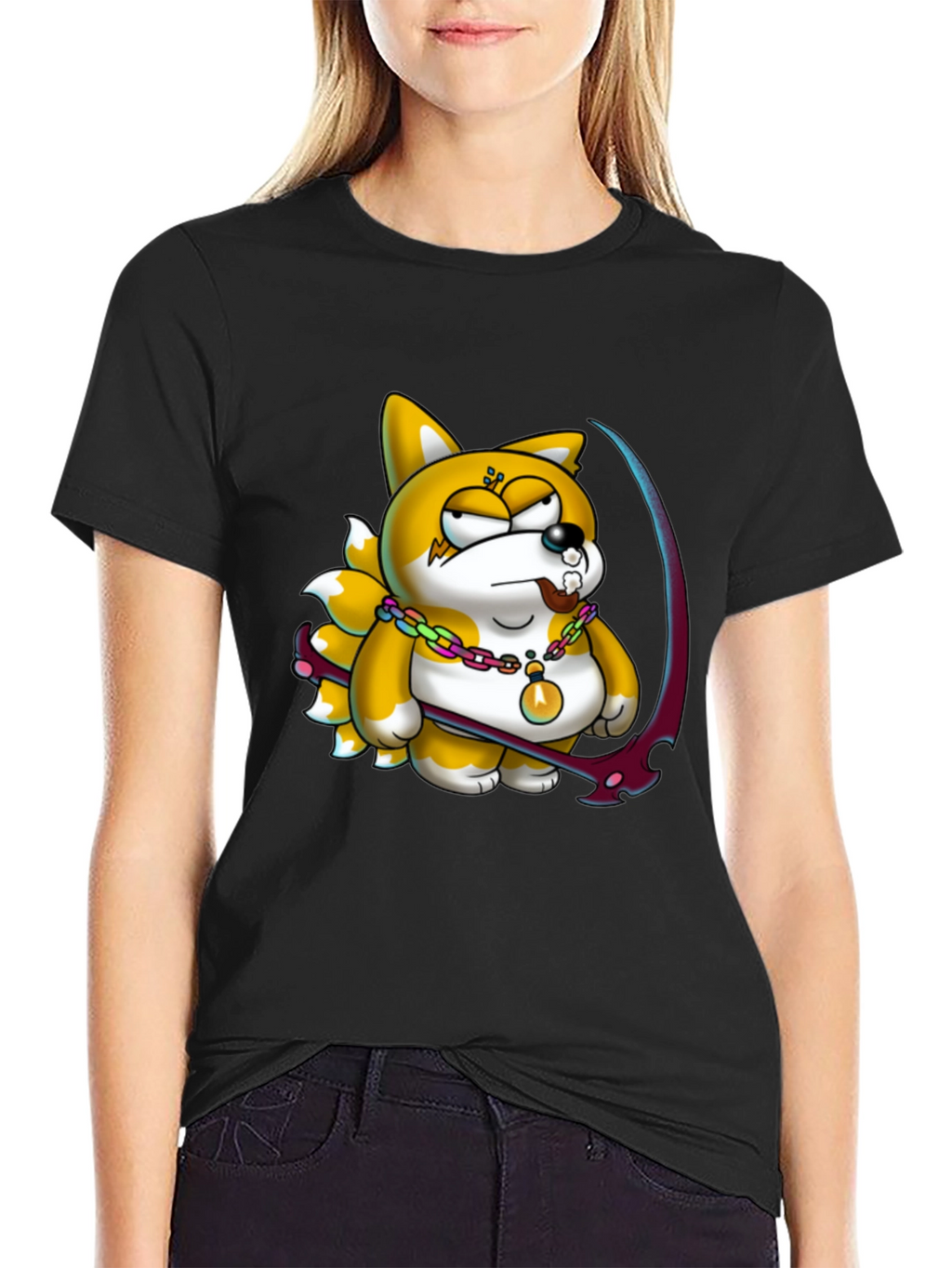 Cartoon Fox Graphic Black T-Shirt