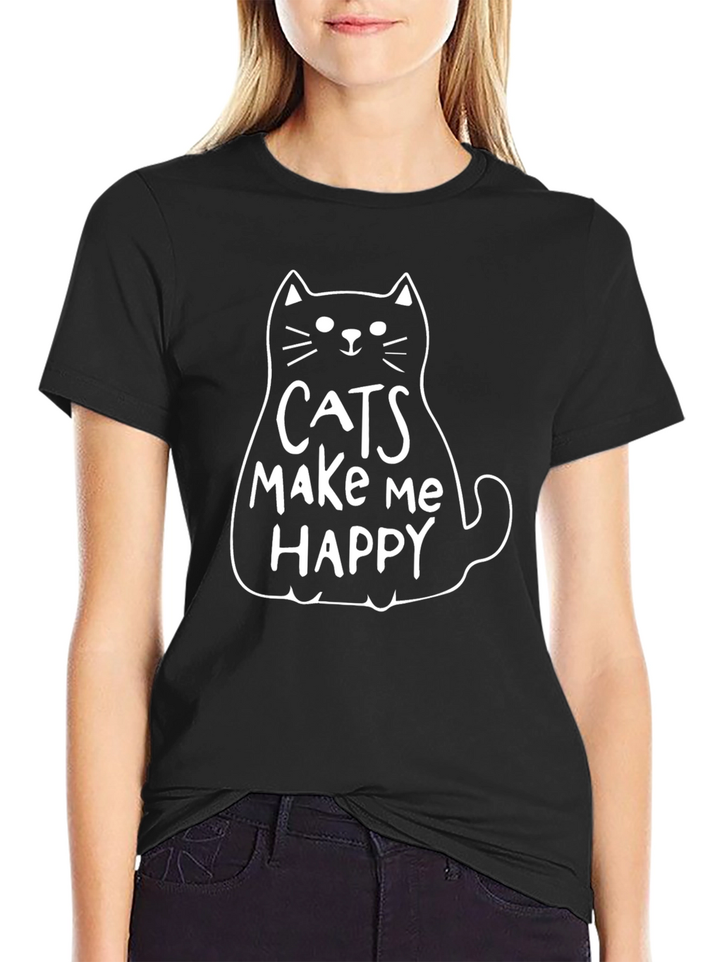 Cats Make Me Happy Graphic Tee - Black Cotton