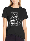 Cats Make Me Happy Graphic Tee - Black Cotton