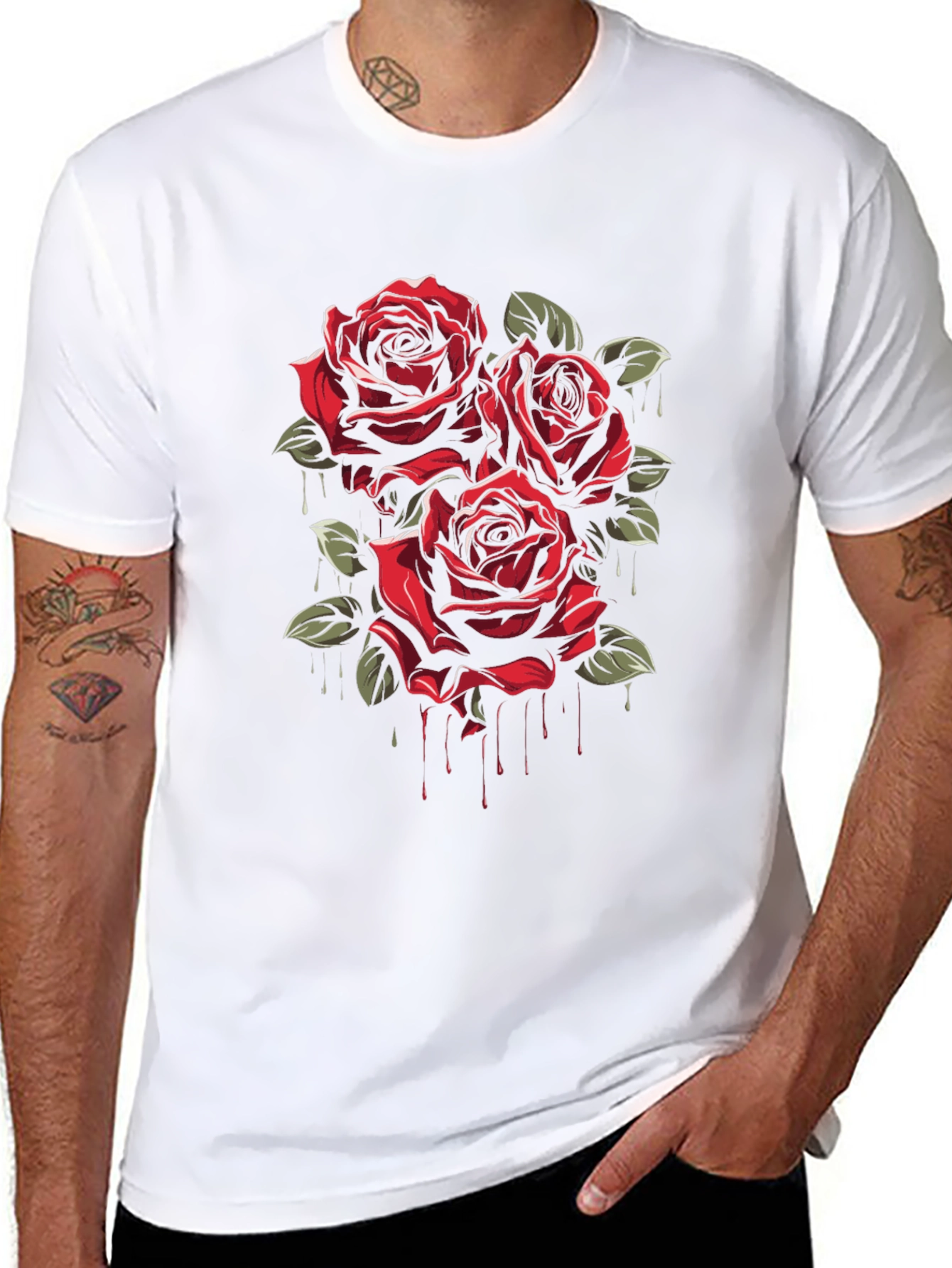 Mens Black T-Shirt with Red Roses Graphic