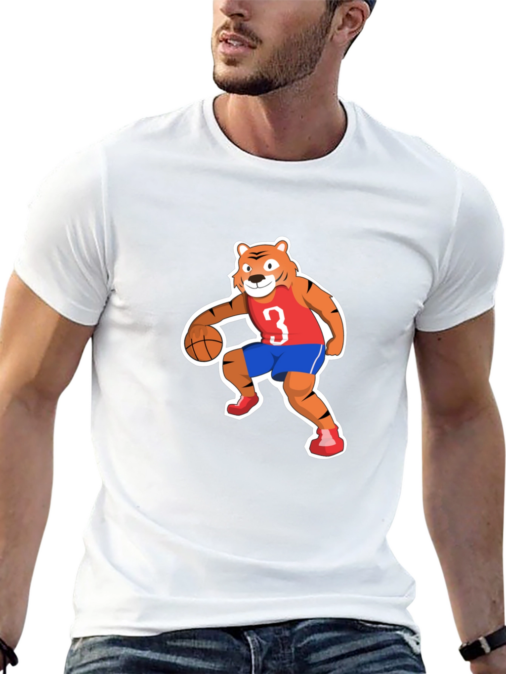 Cartoon Tiger Basketball Player Black T-shirt