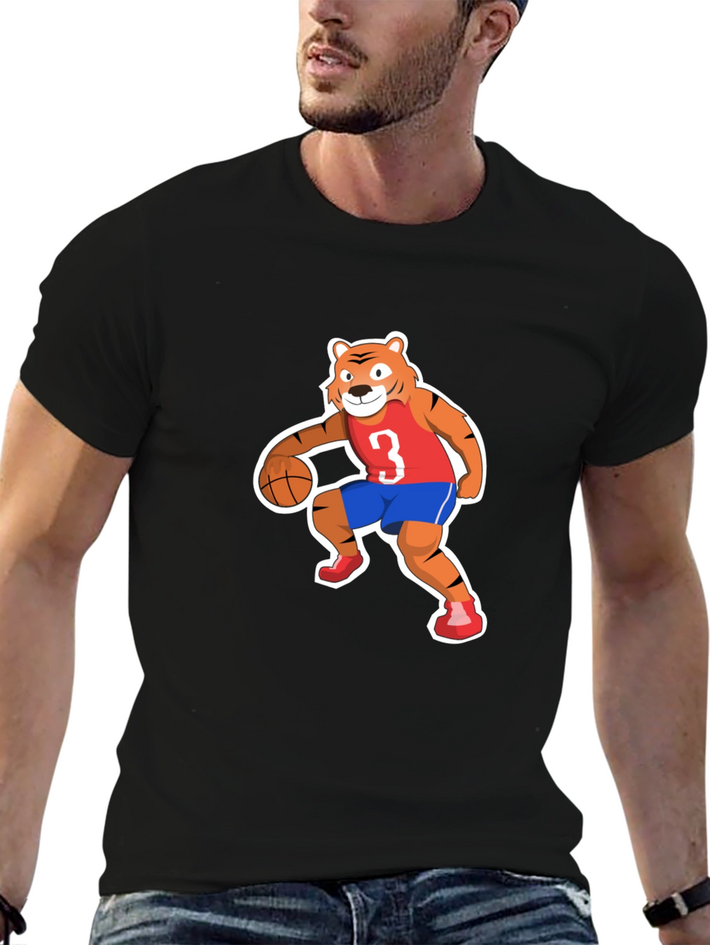 Cartoon Tiger Basketball Player Black T-shirt