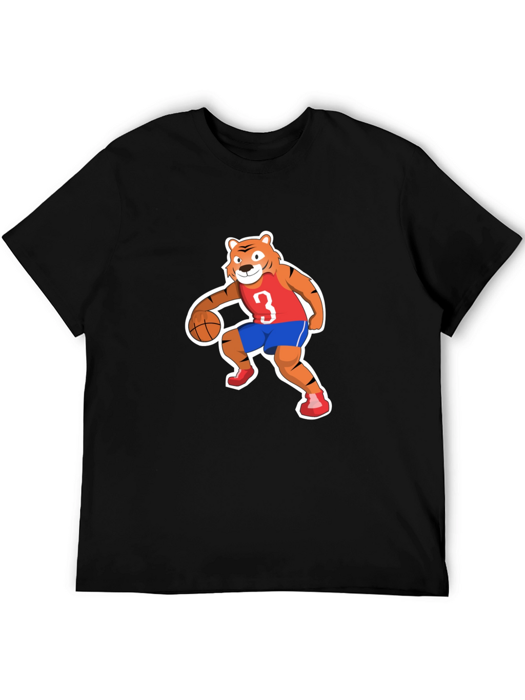Cartoon Tiger Basketball Player Black T-shirt