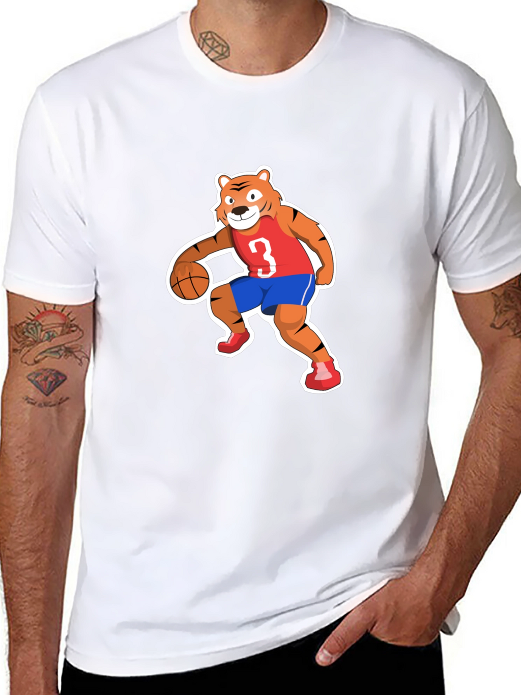 Cartoon Tiger Basketball Player Black T-shirt