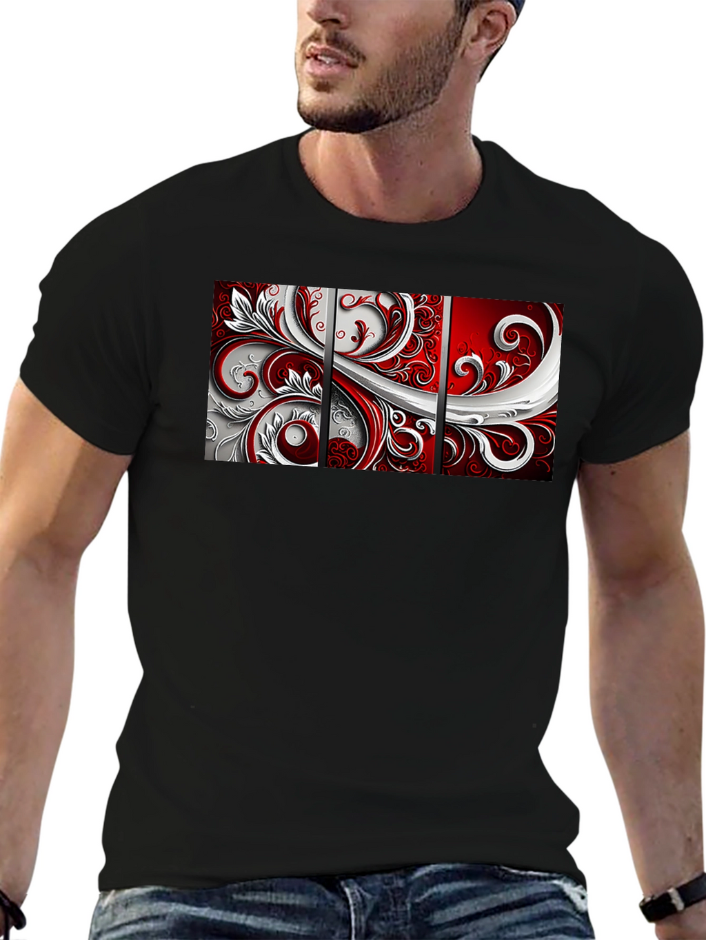 Abstract Floral Panel Mens Black T-Shirt