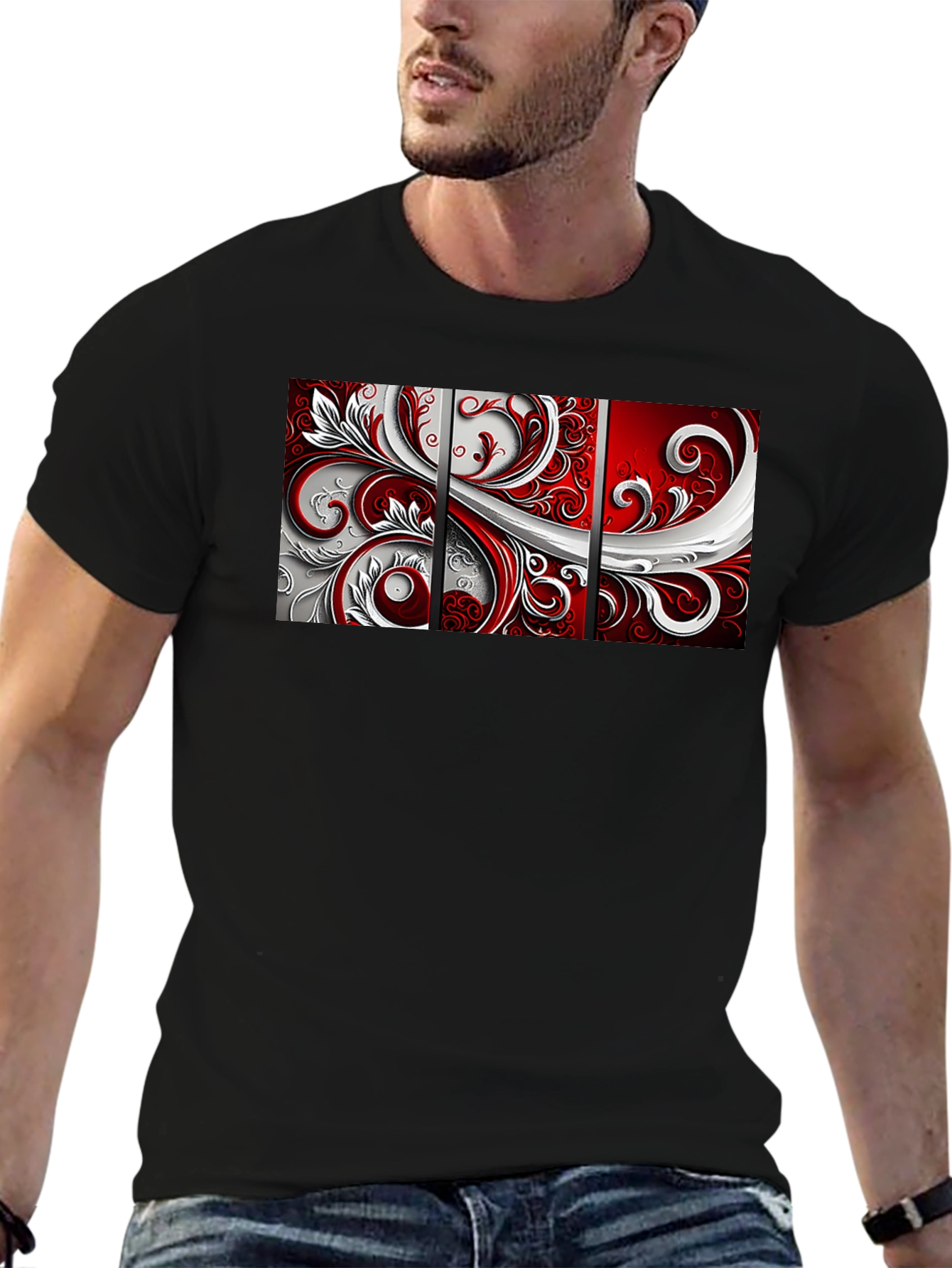 Abstract Floral Panel Mens Black T-Shirt