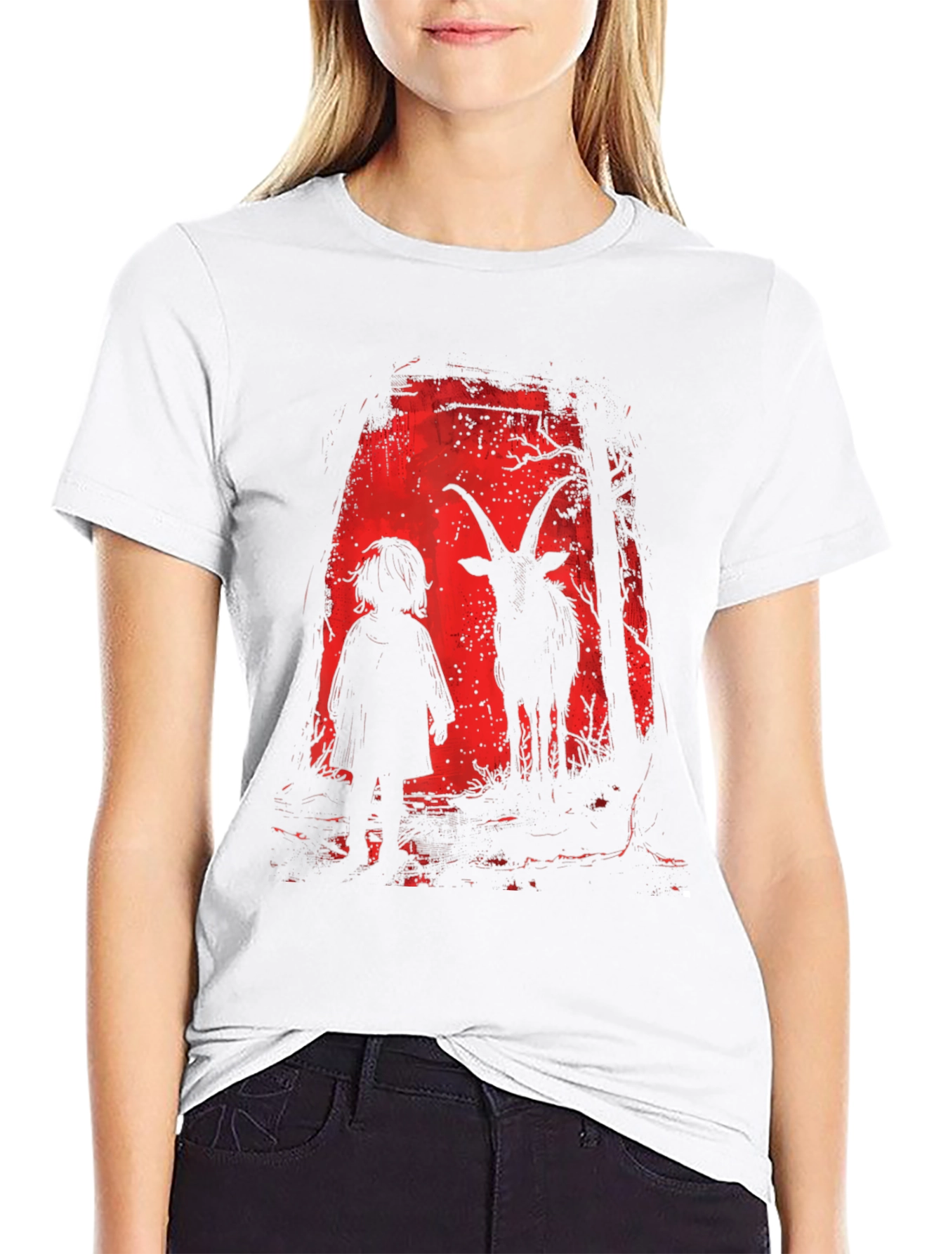 Creepy Child & Goat Horror Graphic T-Shirt