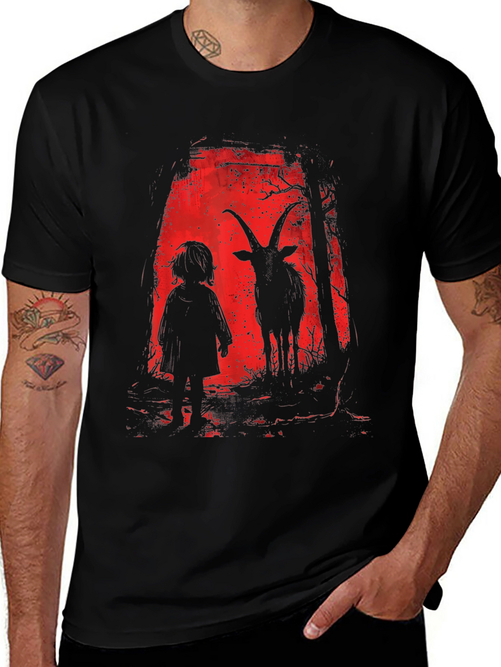 Creepy Child & Goat Horror Graphic T-Shirt
