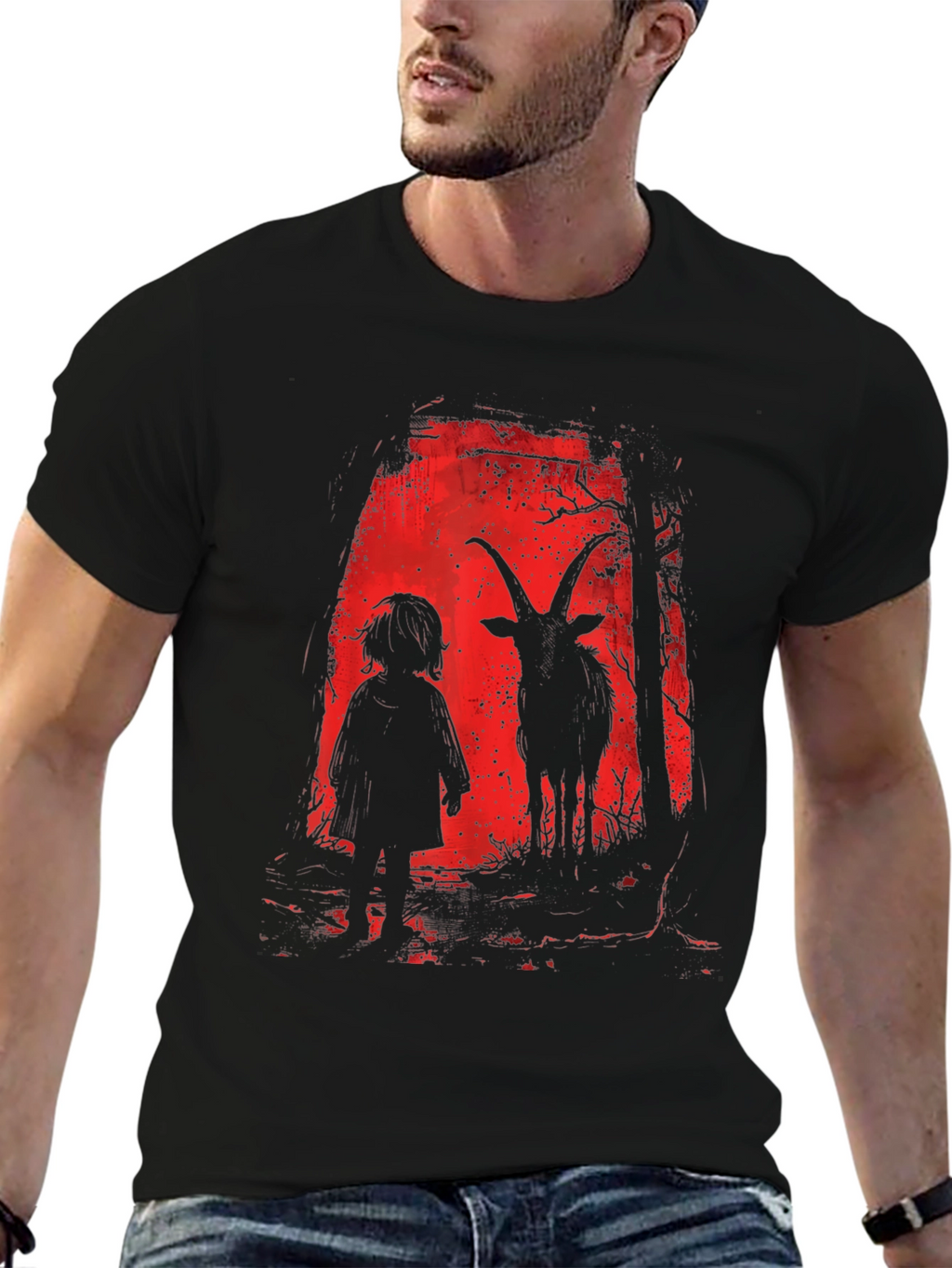 Creepy Child & Goat Horror Graphic T-Shirt