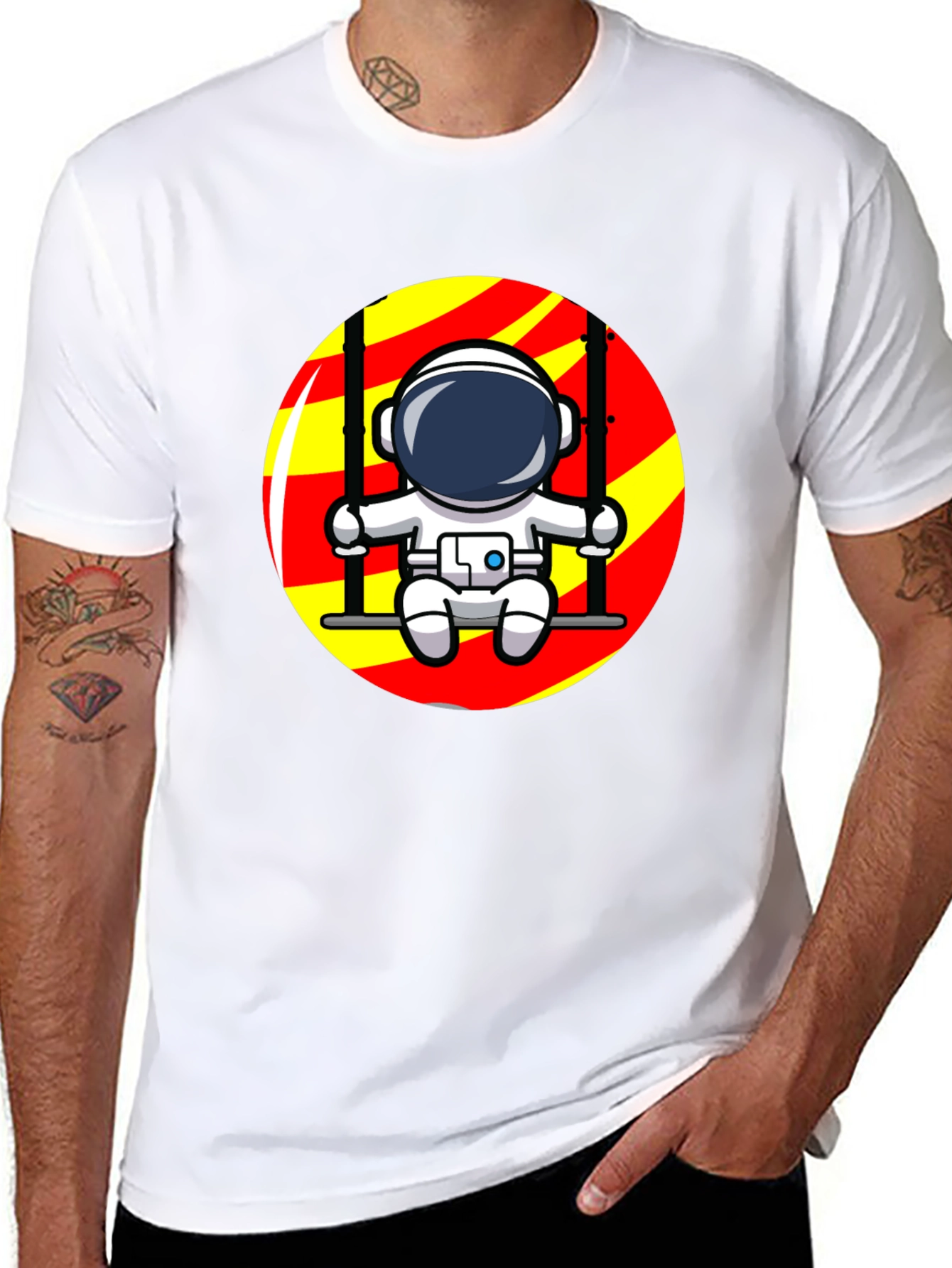 Astronaut on Swing Graphic T-Shirt - Cool Space Design