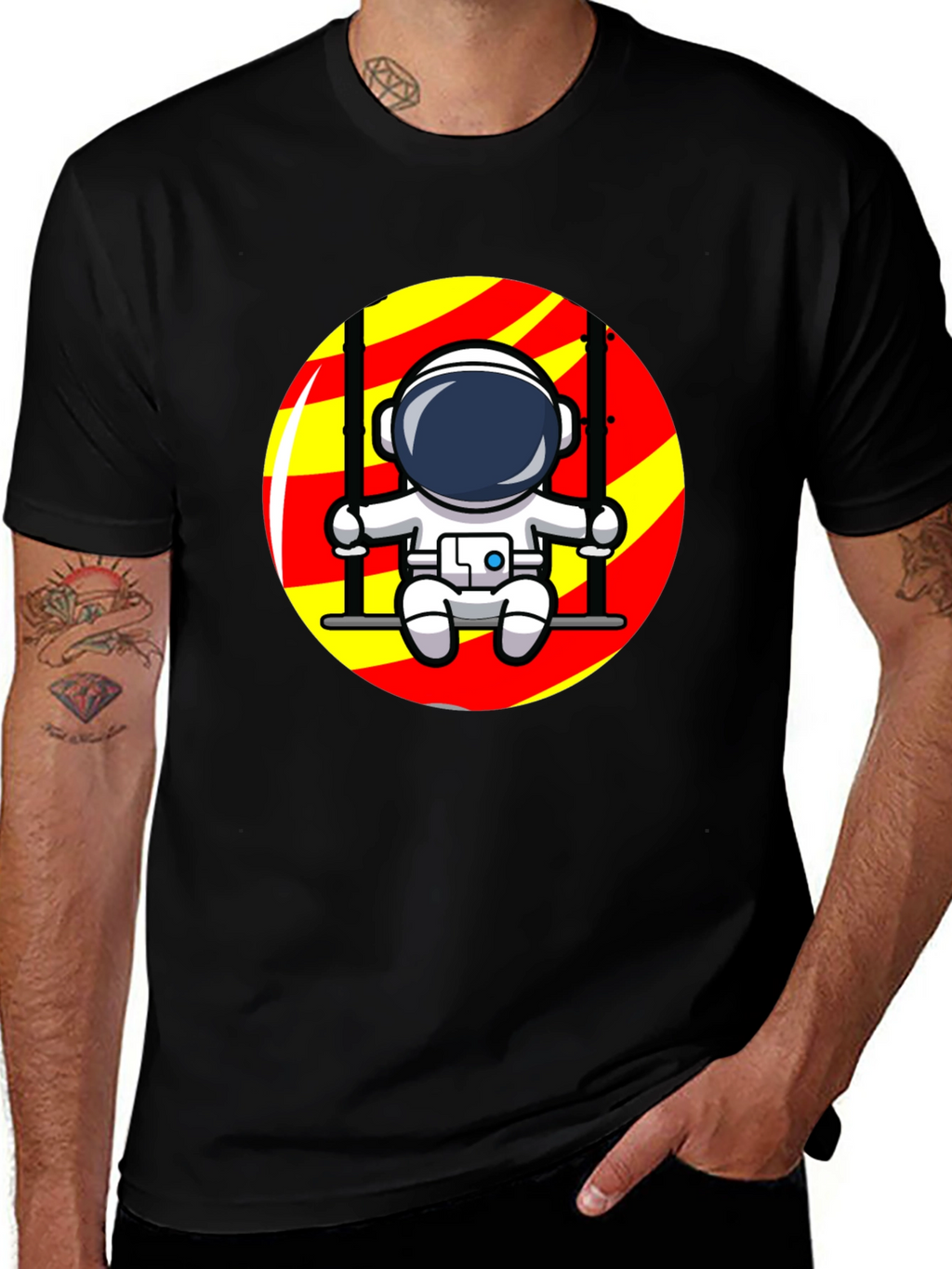 Astronaut on Swing Graphic T-Shirt - Cool Space Design