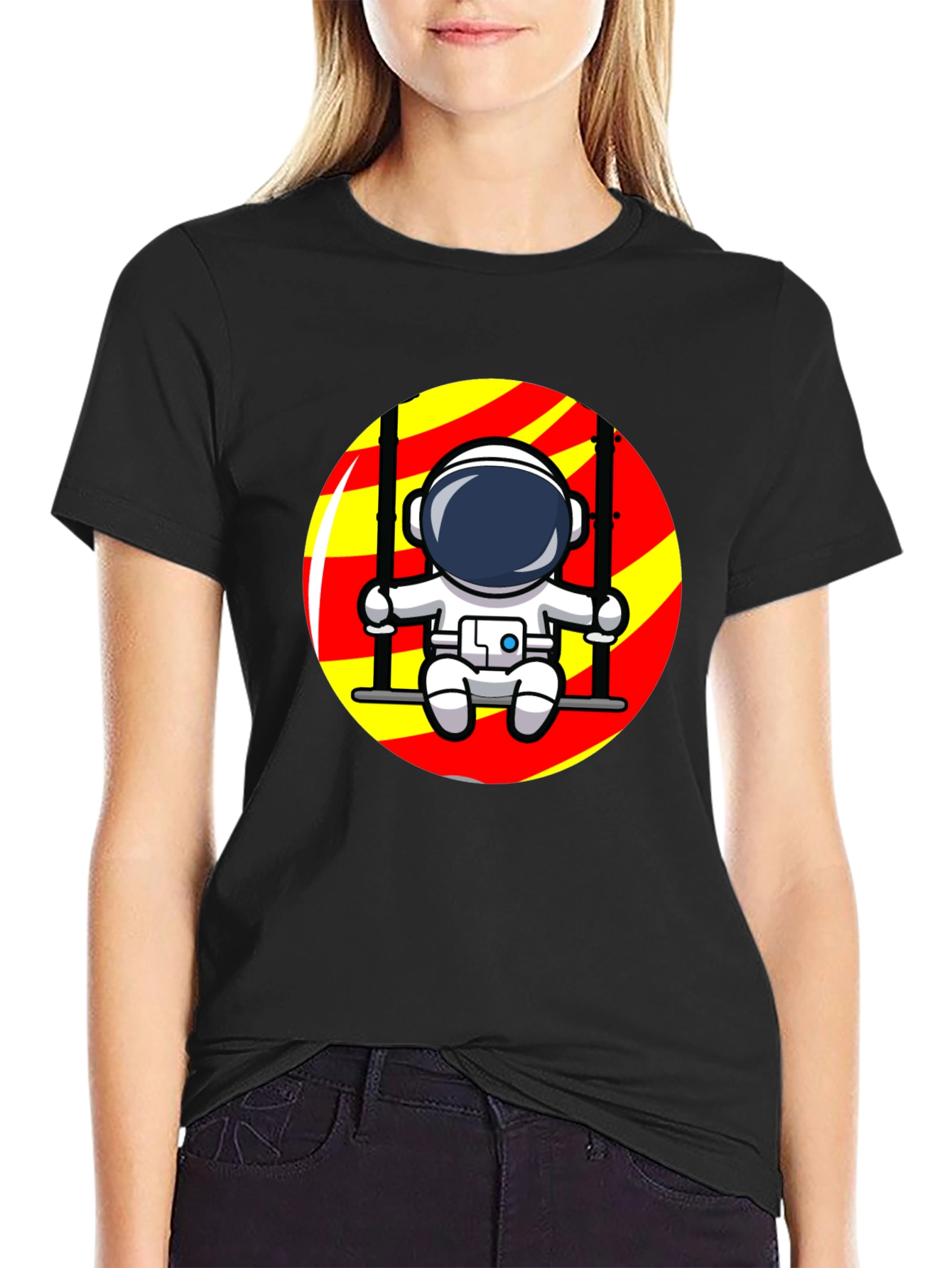Astronaut on Swing Graphic T-Shirt - Cool Space Design