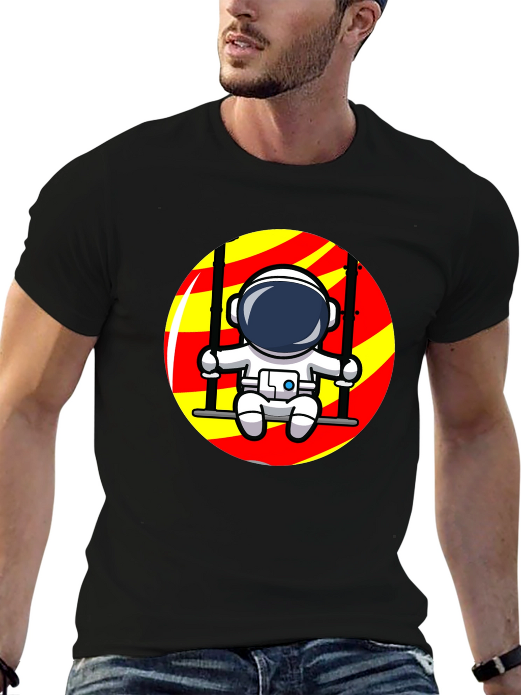 Astronaut on Swing Graphic T-Shirt - Cool Space Design