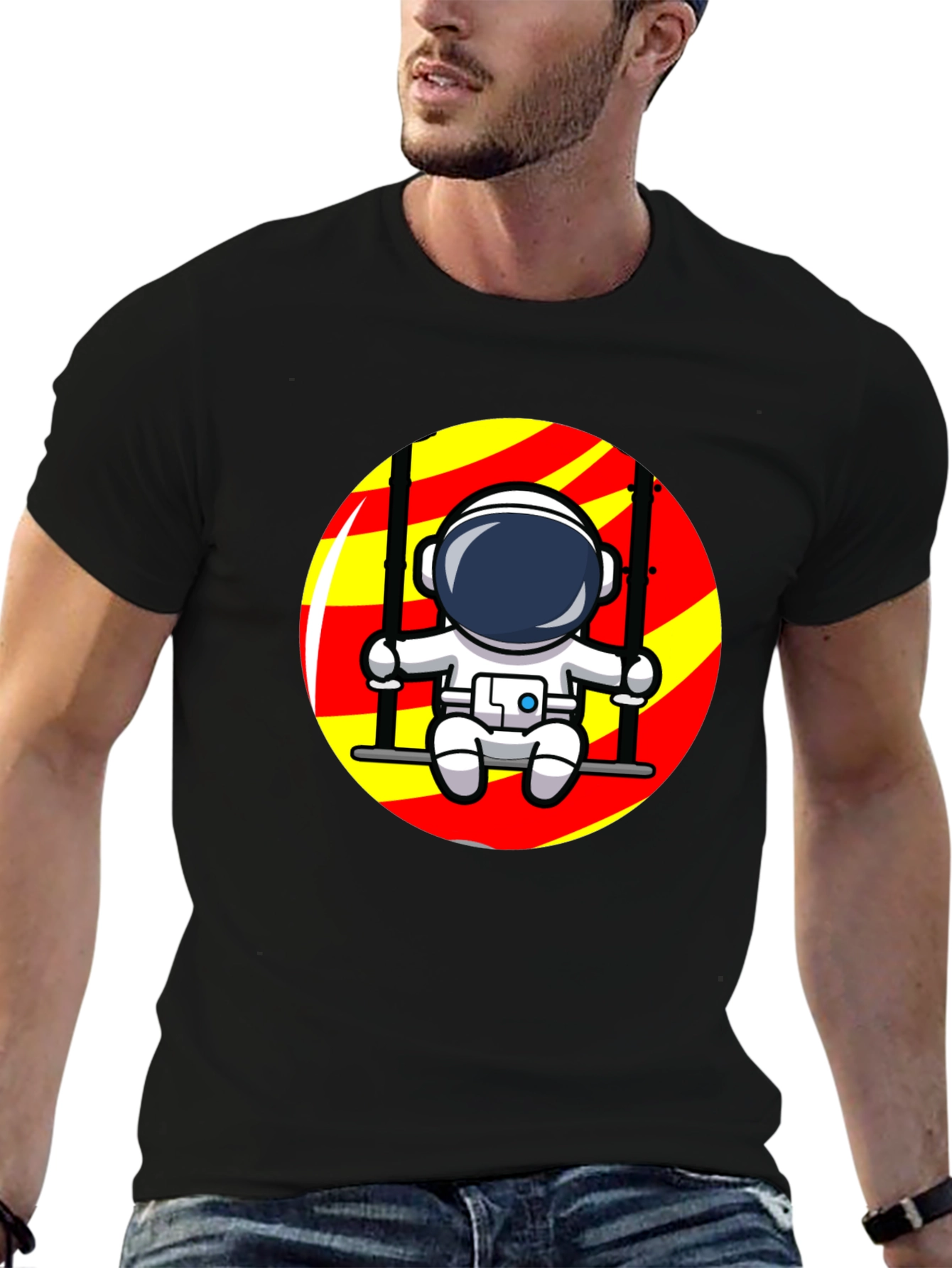 Astronaut on Swing Graphic T-Shirt - Cool Space Design