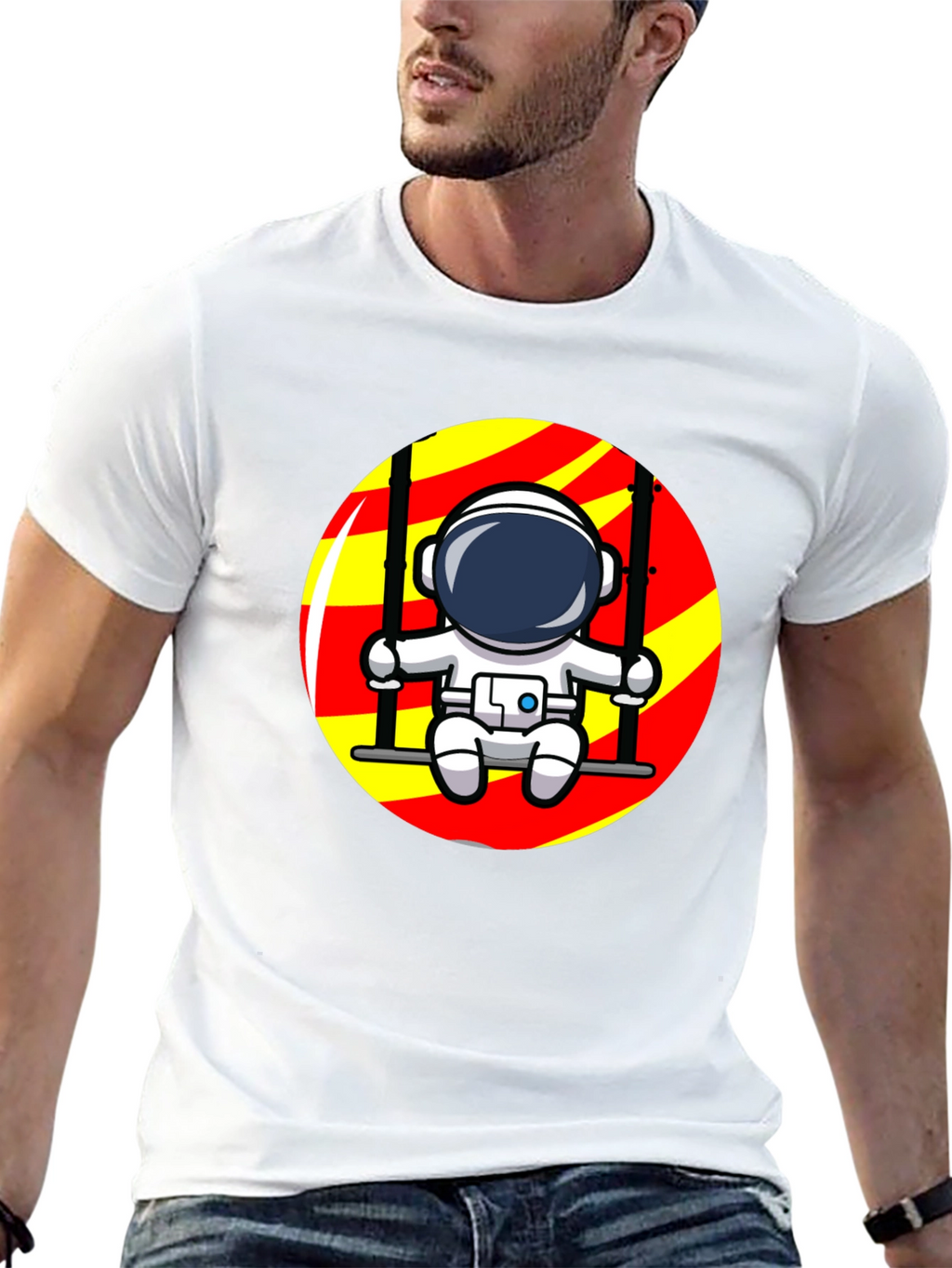 Astronaut on Swing Graphic T-Shirt - Cool Space Design