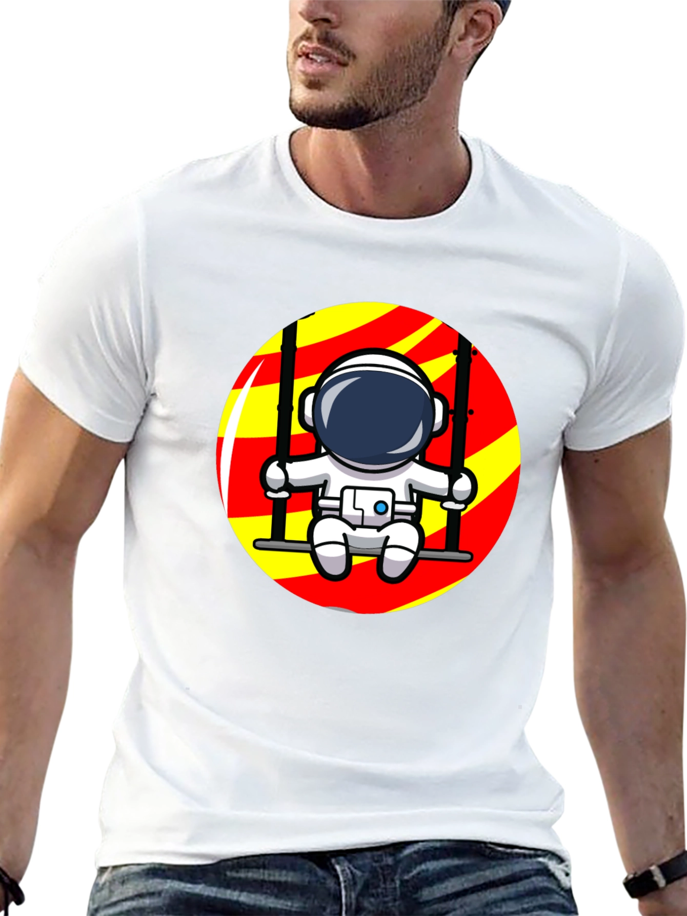 Astronaut on Swing Graphic T-Shirt - Cool Space Design