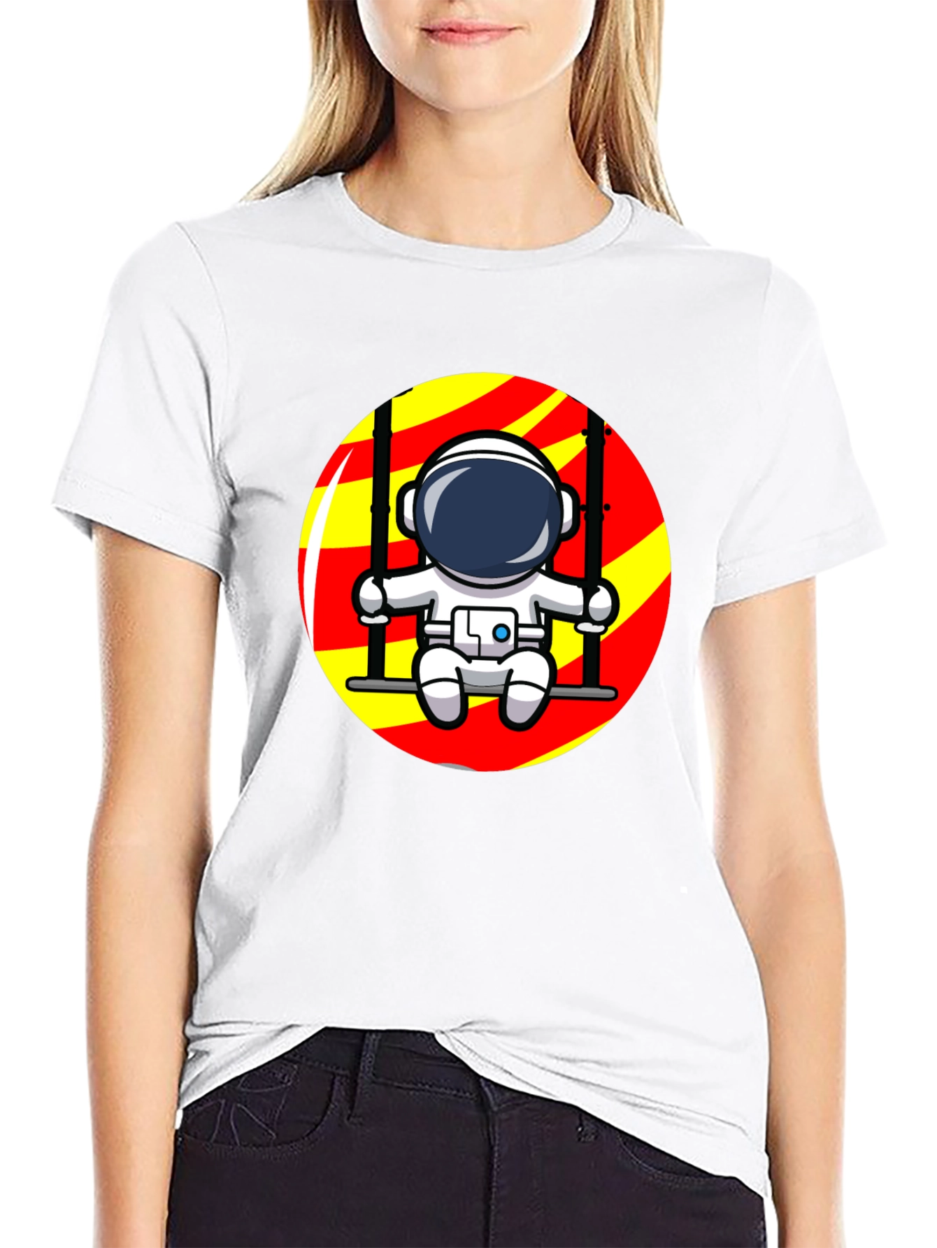 Astronaut on Swing Graphic T-Shirt - Cool Space Design