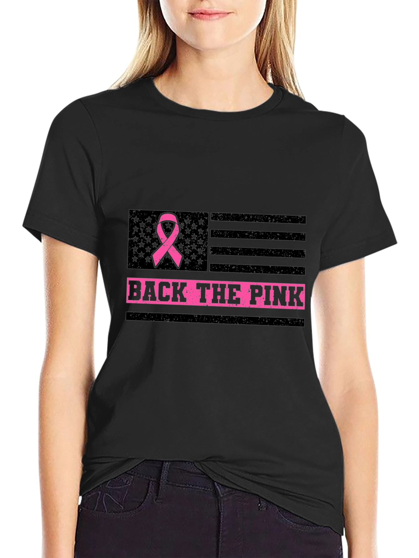 Back The Pink Ribbon USA Flag Graphic Tee