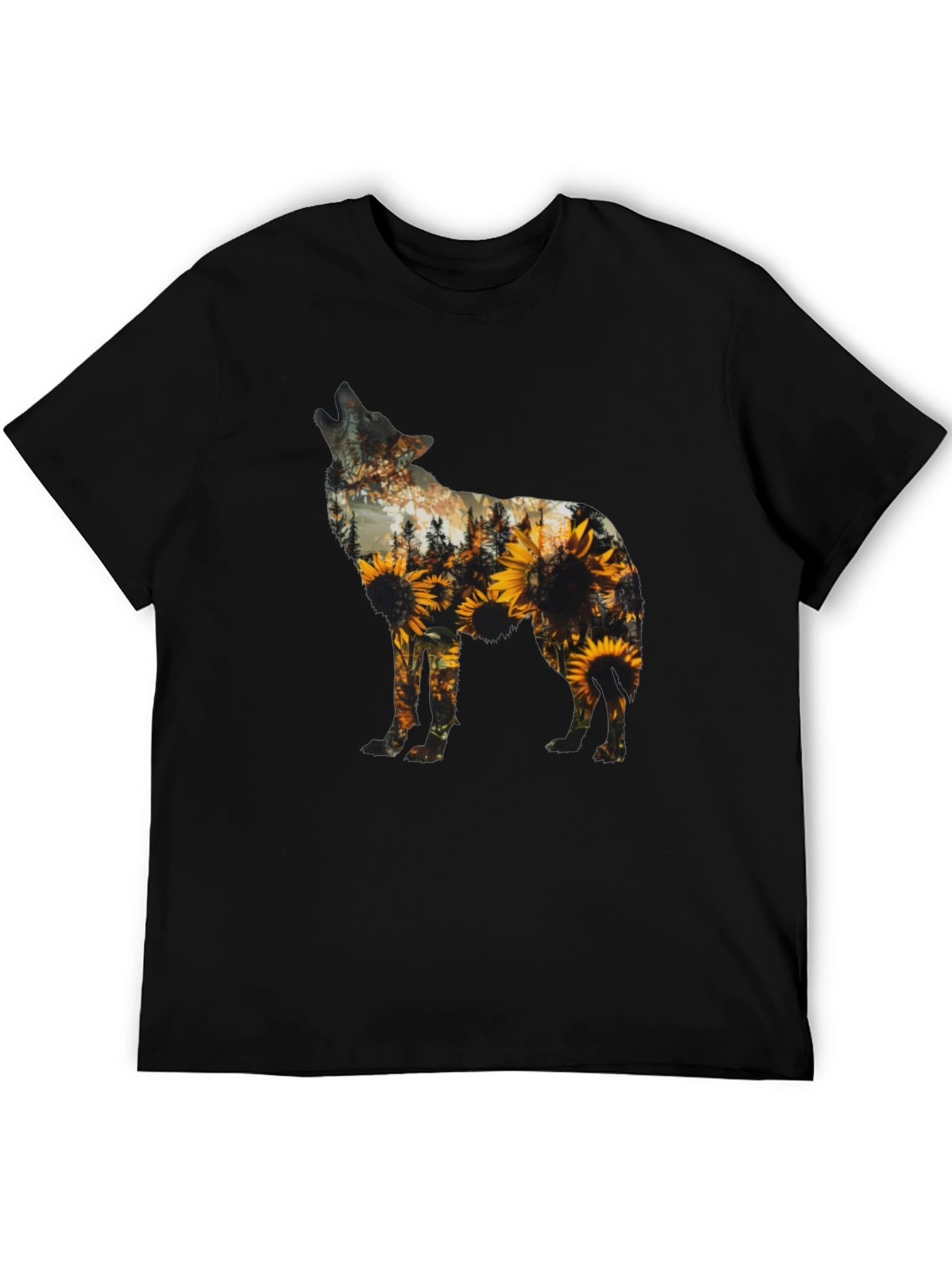 Wolf Sunflower Graphic Print T-Shirt - Black