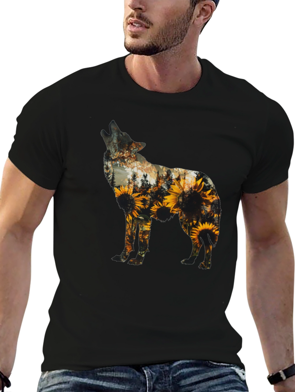 Wolf Sunflower Graphic Print T-Shirt - Black