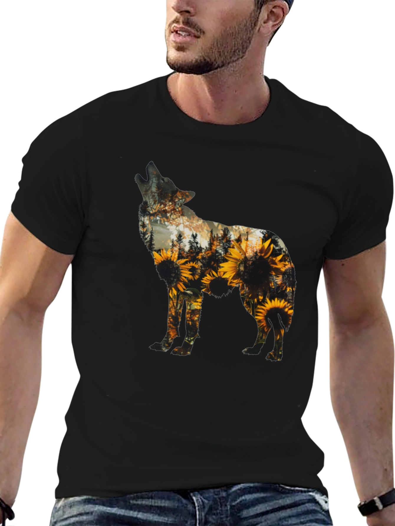 Wolf Sunflower Graphic Print T-Shirt - Black