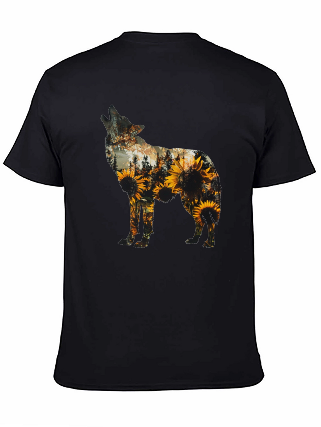 Wolf Sunflower Graphic Print T-Shirt - Black