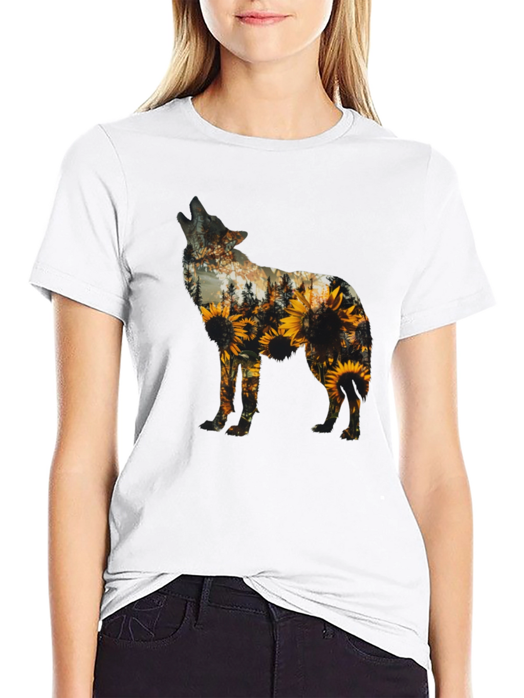 Wolf Sunflower Graphic Print T-Shirt - Black