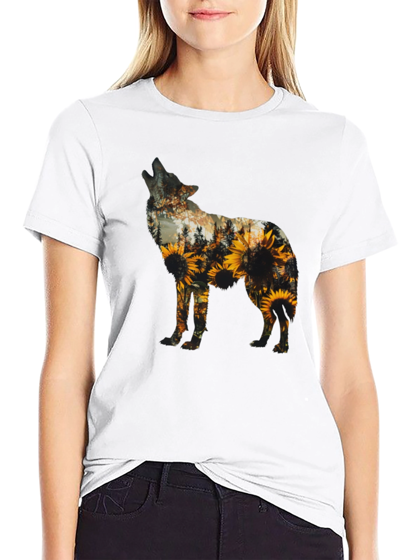 Wolf Sunflower Graphic Print T-Shirt - Black