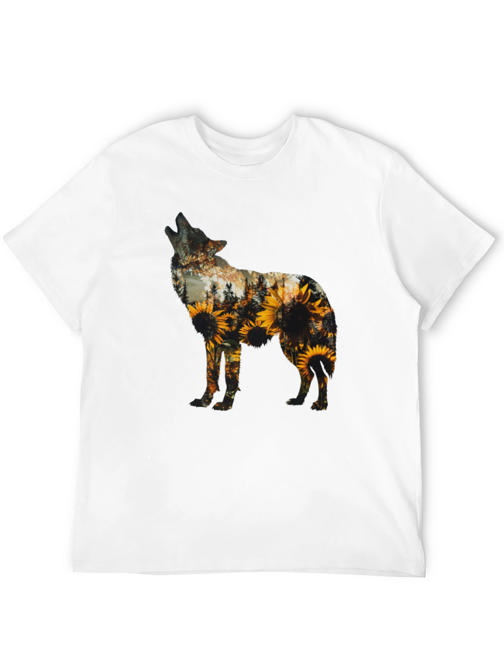 Wolf Sunflower Graphic Print T-Shirt - Black