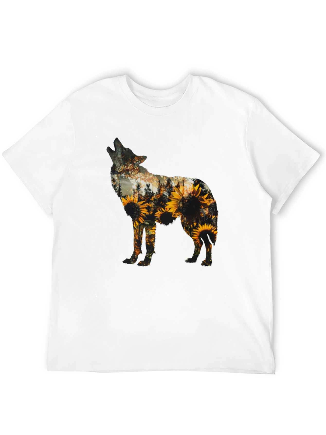 Wolf Sunflower Graphic Print T-Shirt - Black