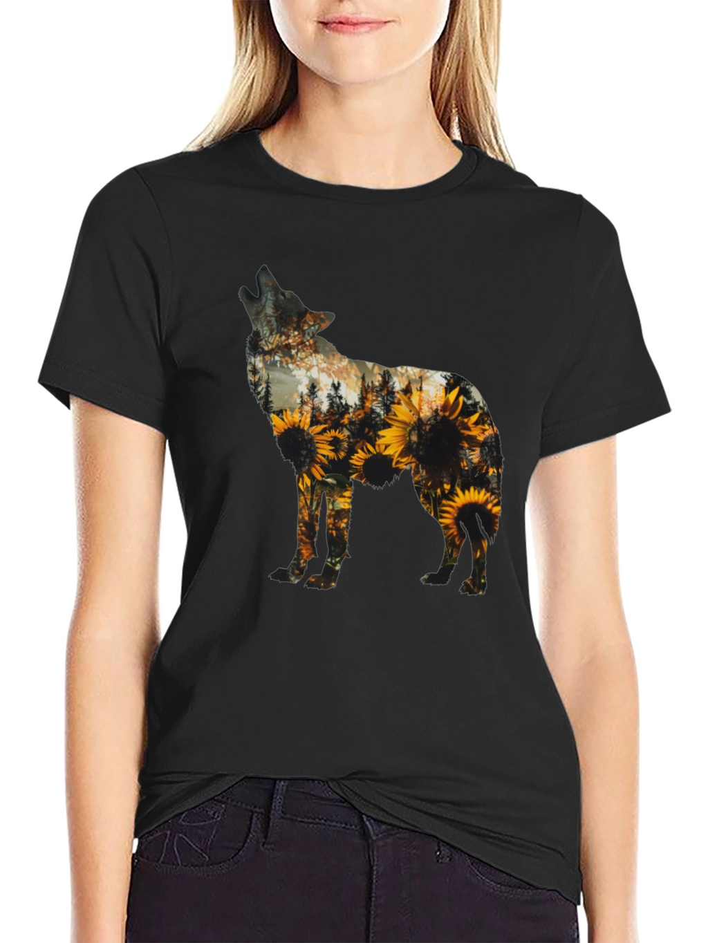 Wolf Sunflower Graphic Print T-Shirt - Black