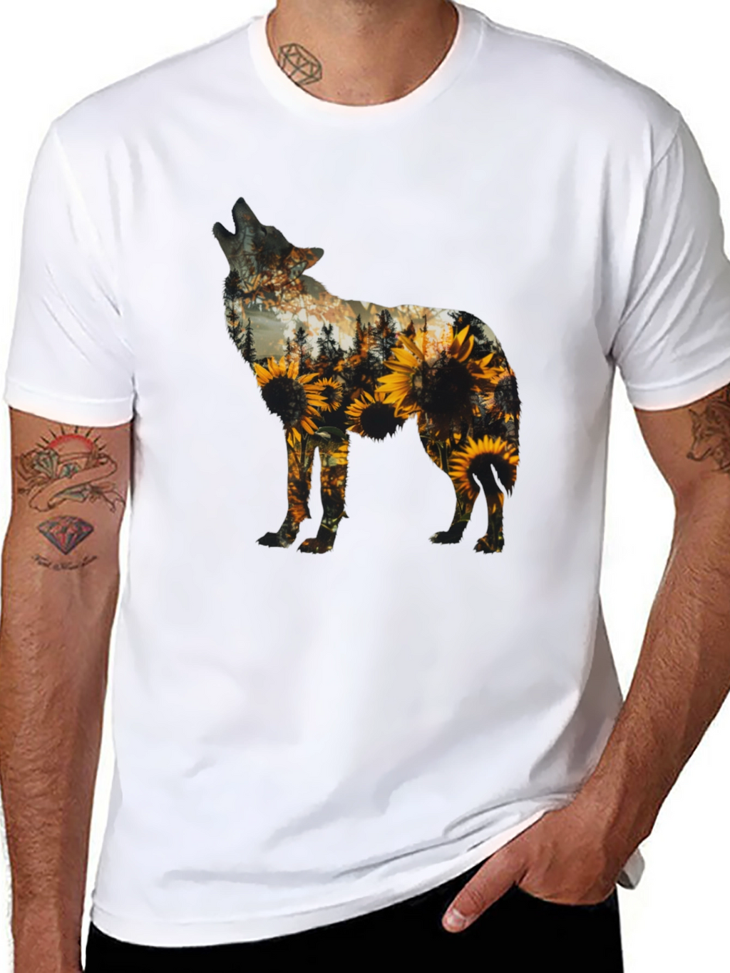 Wolf Sunflower Graphic Print T-Shirt - Black