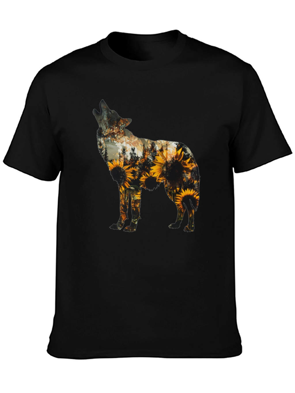 Wolf Sunflower Graphic Print T-Shirt - Black