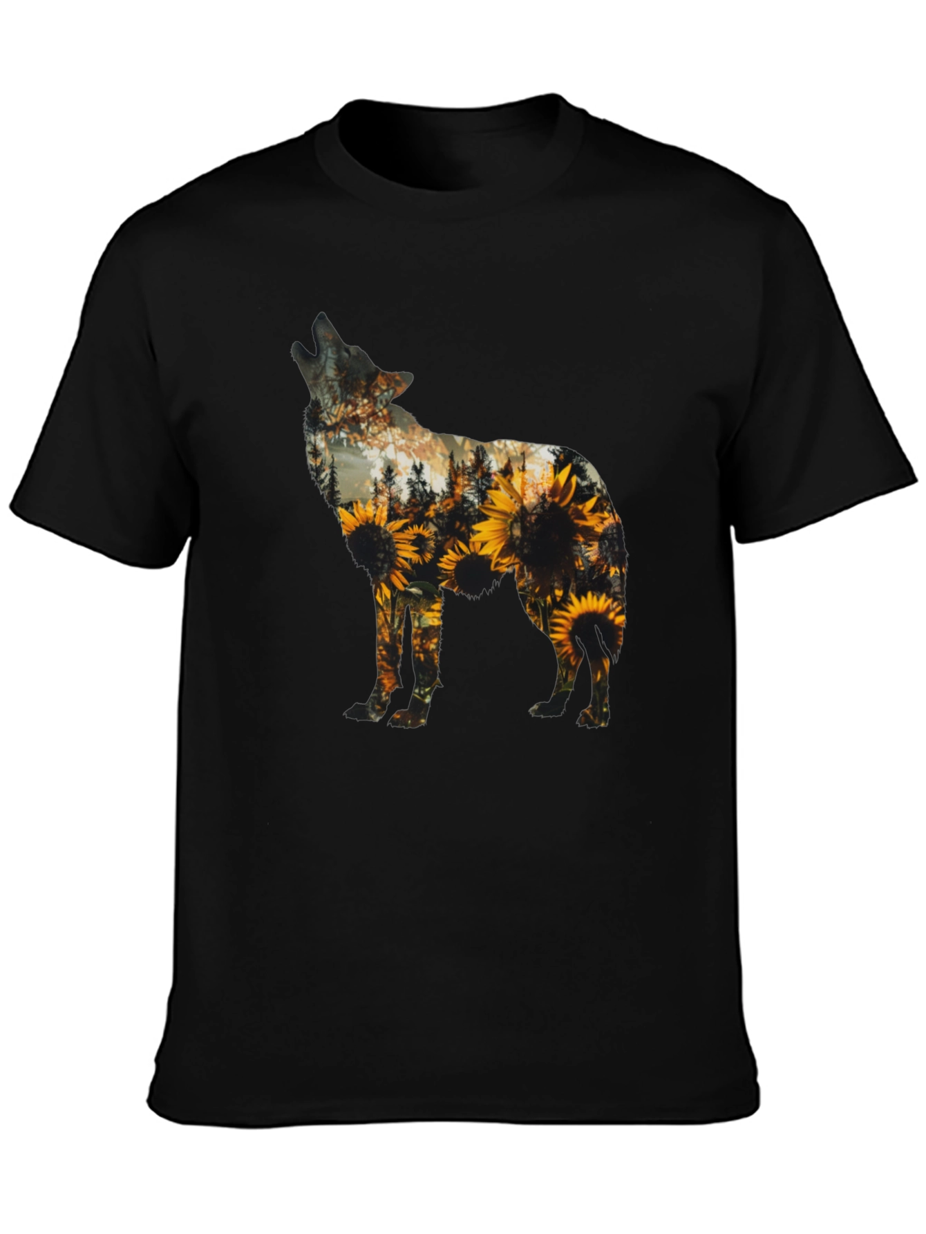 Wolf Sunflower Graphic Print T-Shirt - Black