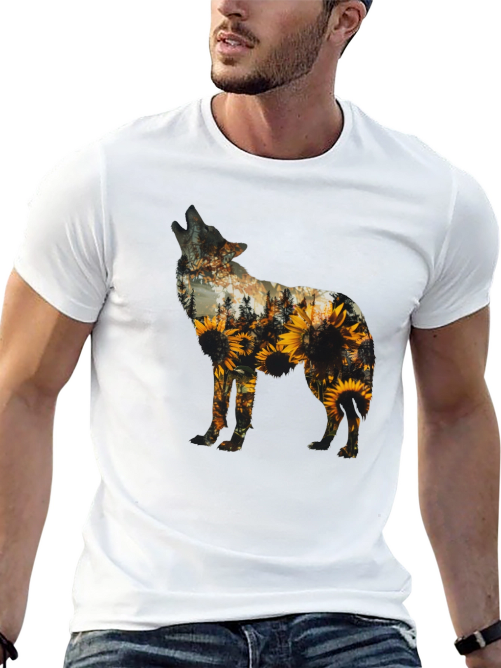 Wolf Sunflower Graphic Print T-Shirt - Black