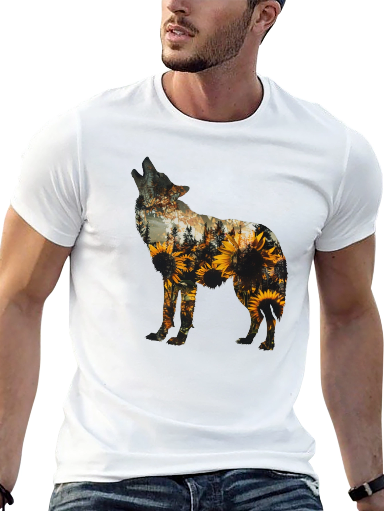 Wolf Sunflower Graphic Print T-Shirt - Black