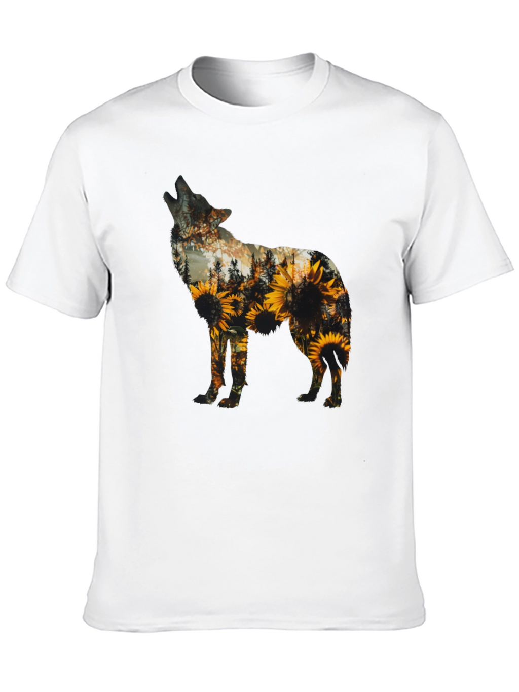 Wolf Sunflower Graphic Print T-Shirt - Black