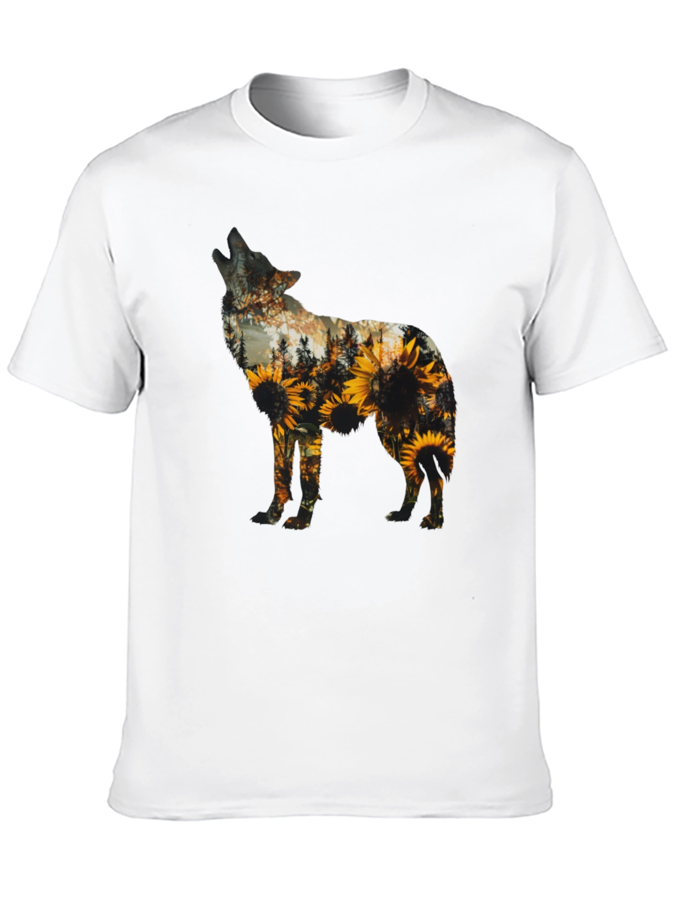Wolf Sunflower Graphic Print T-Shirt - Black