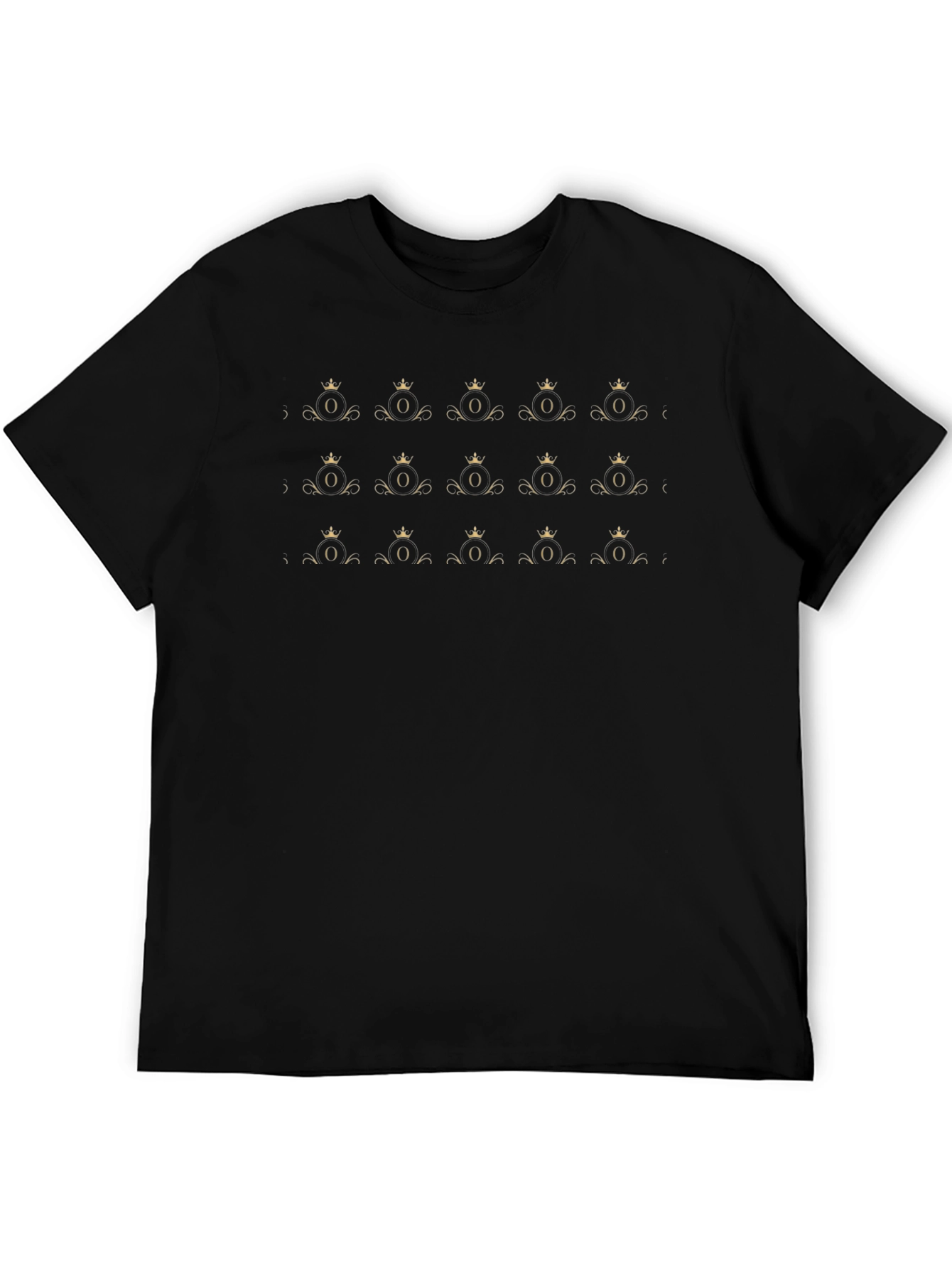 Black Patterned Tee with Crown and Ornament Design